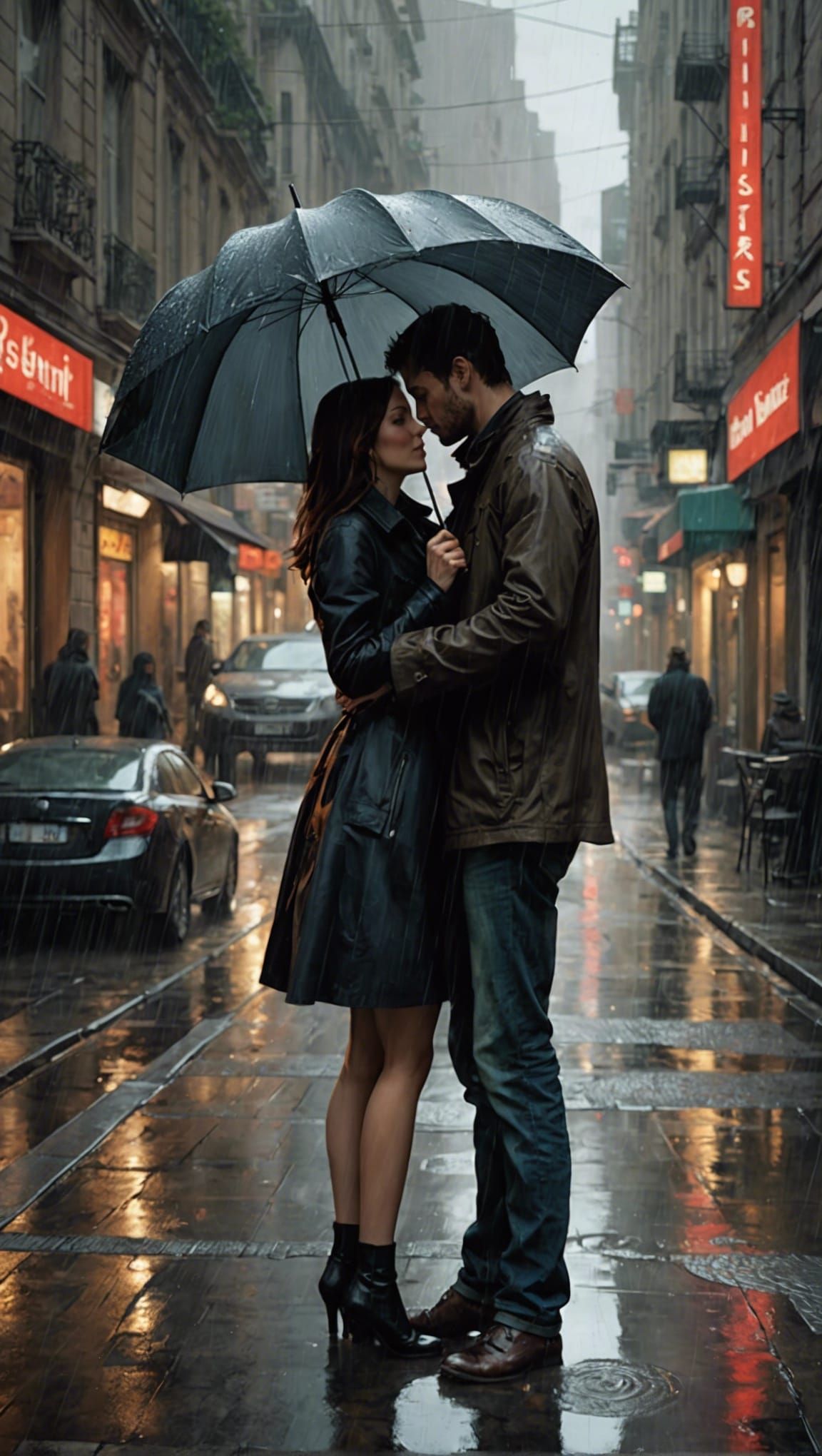 Rainy Day Romance: Couple Sharing Umbrella