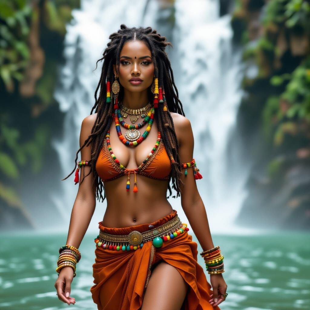 Regal Woman with Dreadlocks by Waterfall