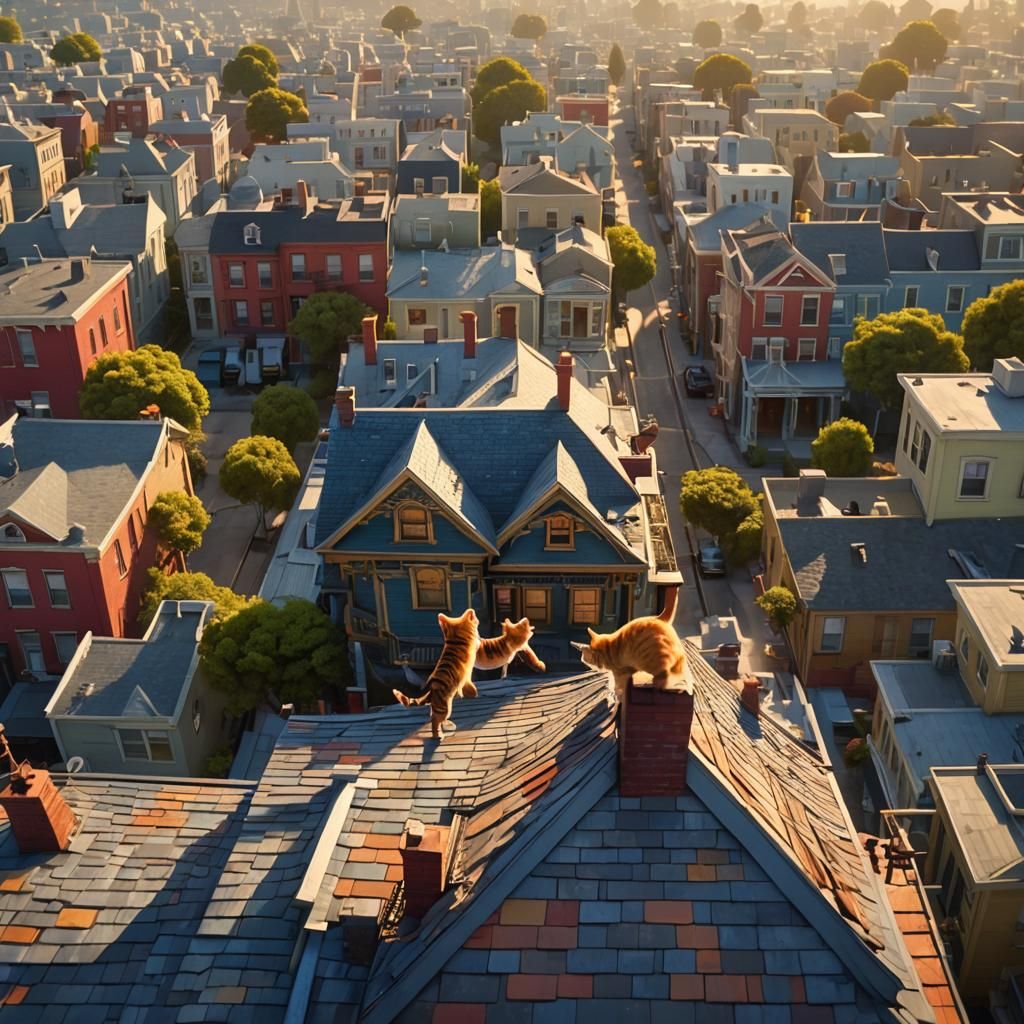 Tabby Cats Chase on Victorian Roof in Pixar Style