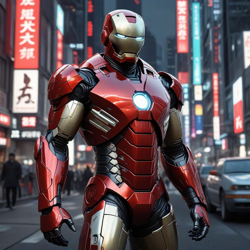 Red and White Iron Man Hero in Futuristic Tokyo Cityscape