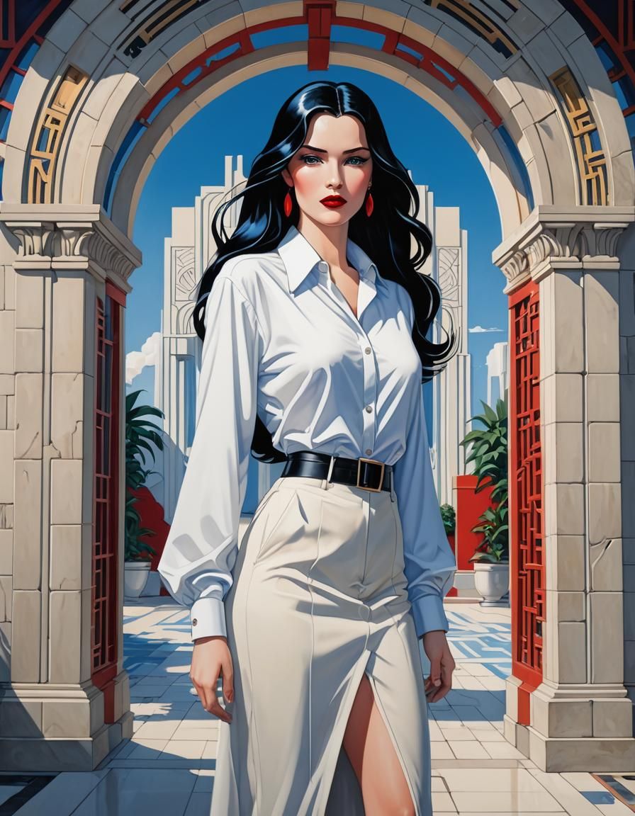 Elegant Woman Posing Under Art Deco Archway