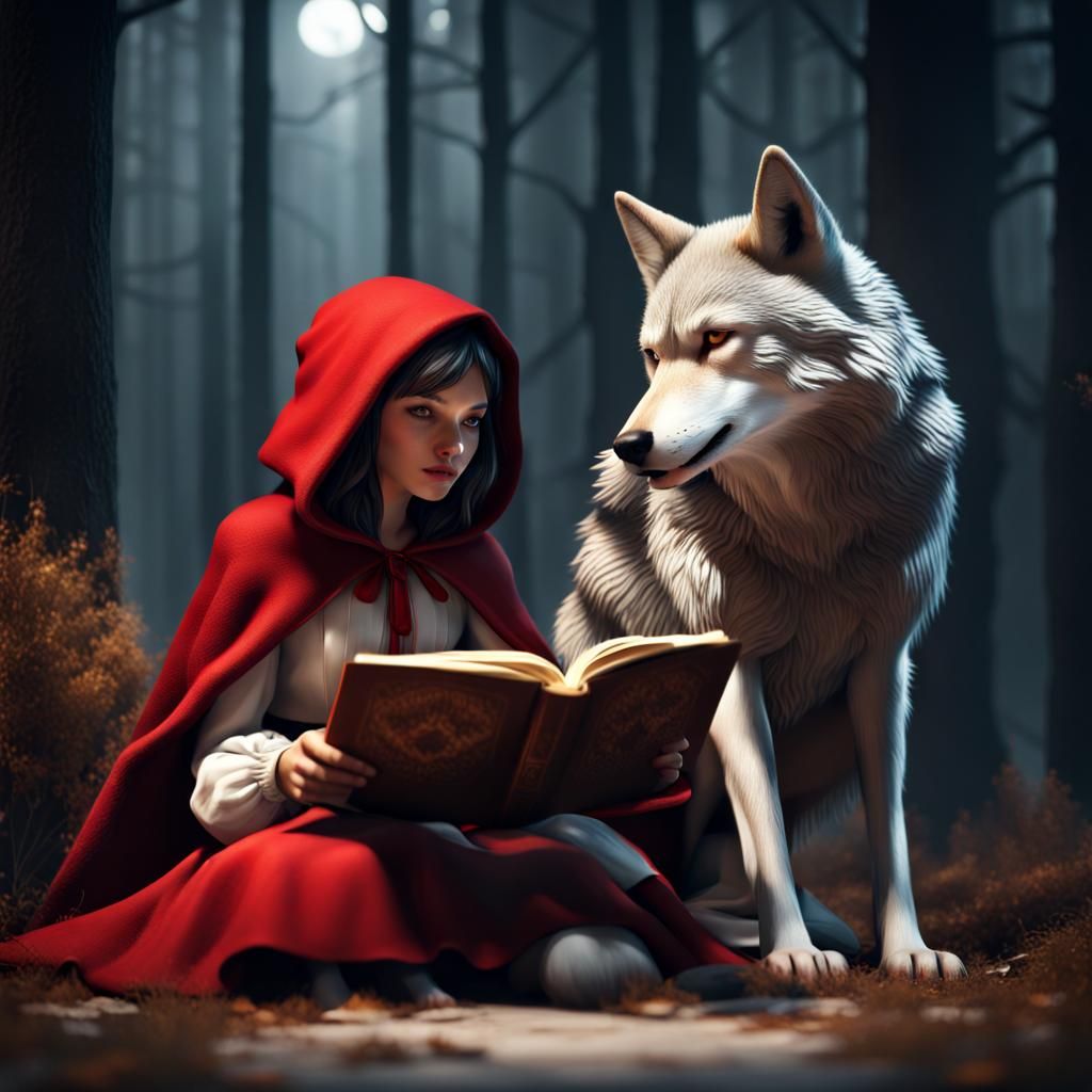 Red Riding Hood Reads to the Wolf: 3D Render