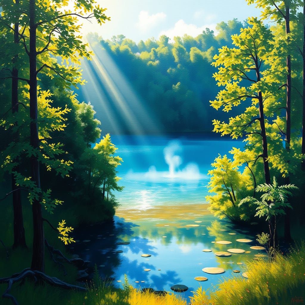 Impressionistic Lake and Forest at Golden Hour