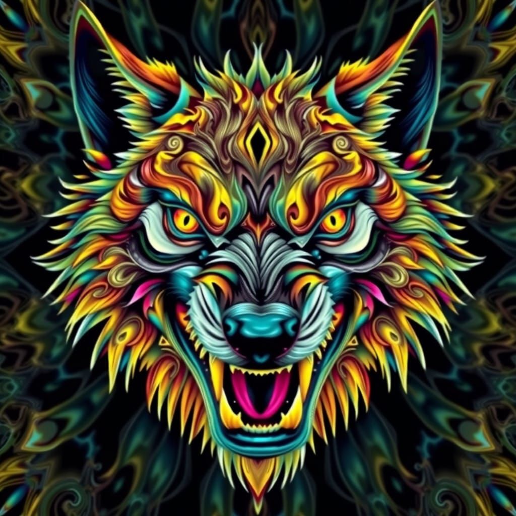 Hypnotic Wolf Portrait in Abstract Vector Fractal Style
