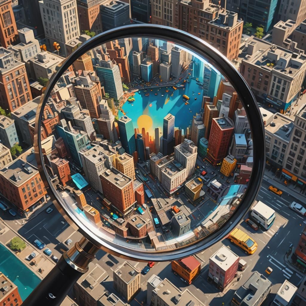 Magnifying Glass Reflects Busy City in Hyperrealistic Splash...