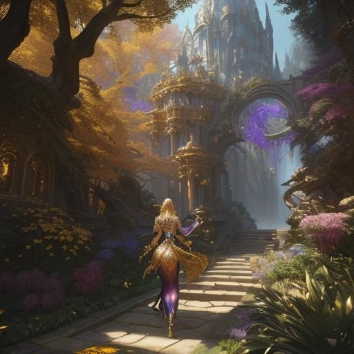Mythical Jewel Garden with Golden Goddess