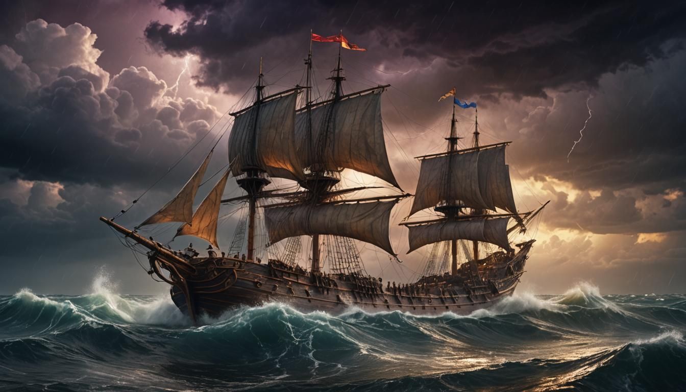 Medieval Warship Navigates Stormy Sea in Digital Painting
