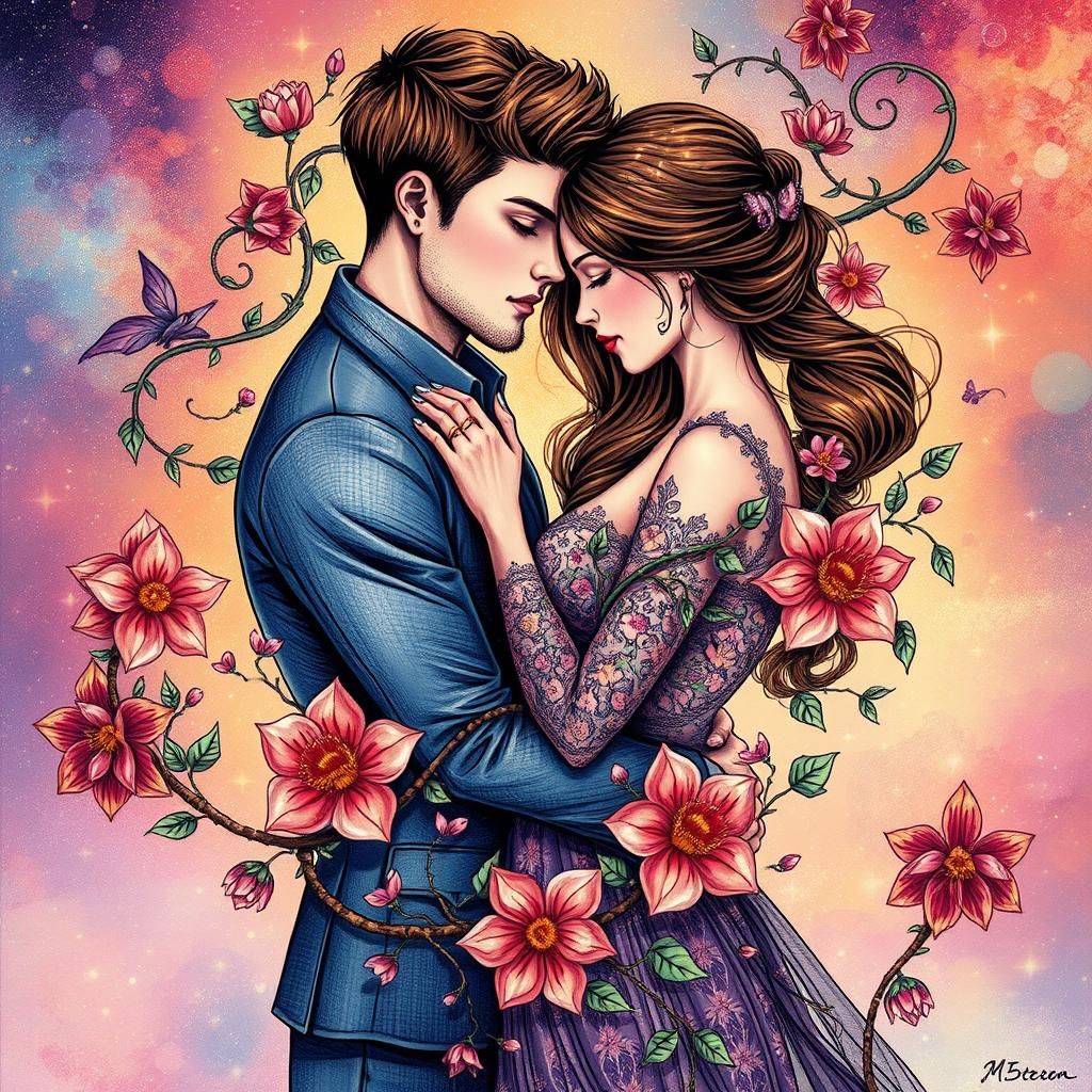 Embracing Couple Surrounded by Ethereal Blooms
