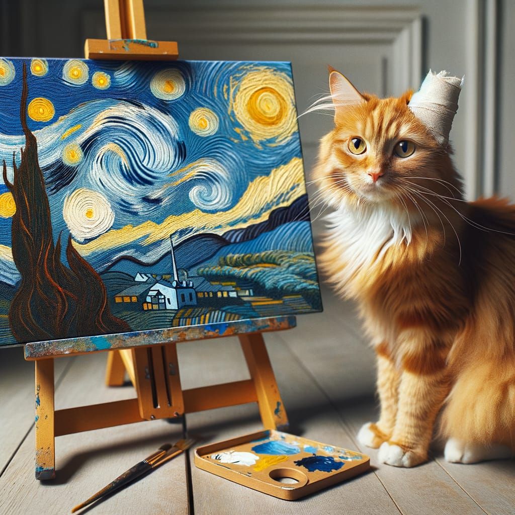 Ginger Cat Beside Van Gogh Inspired Landscape Painting