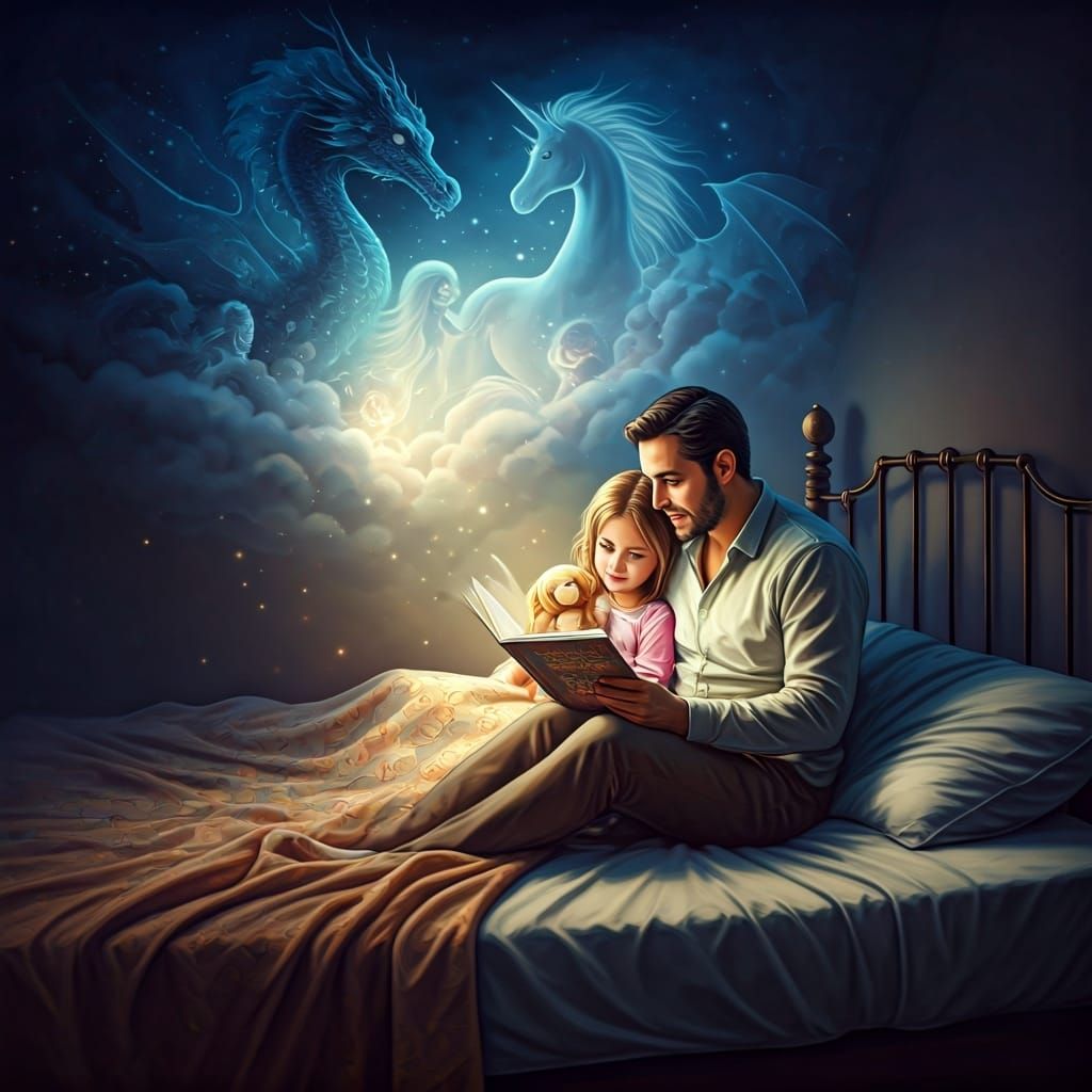 A father sits on the bed and reads a fairy tale to his little daughter!