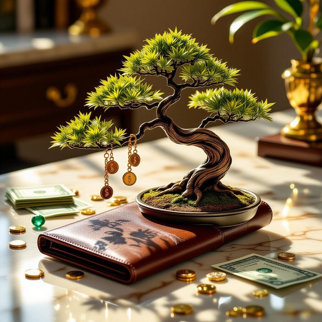 Vintage Wallet with Bonsai Tree Growing, Hyperrealistic