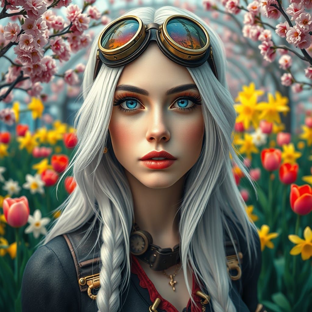 Steampunk Lady in a Vibrant Spring Garden
