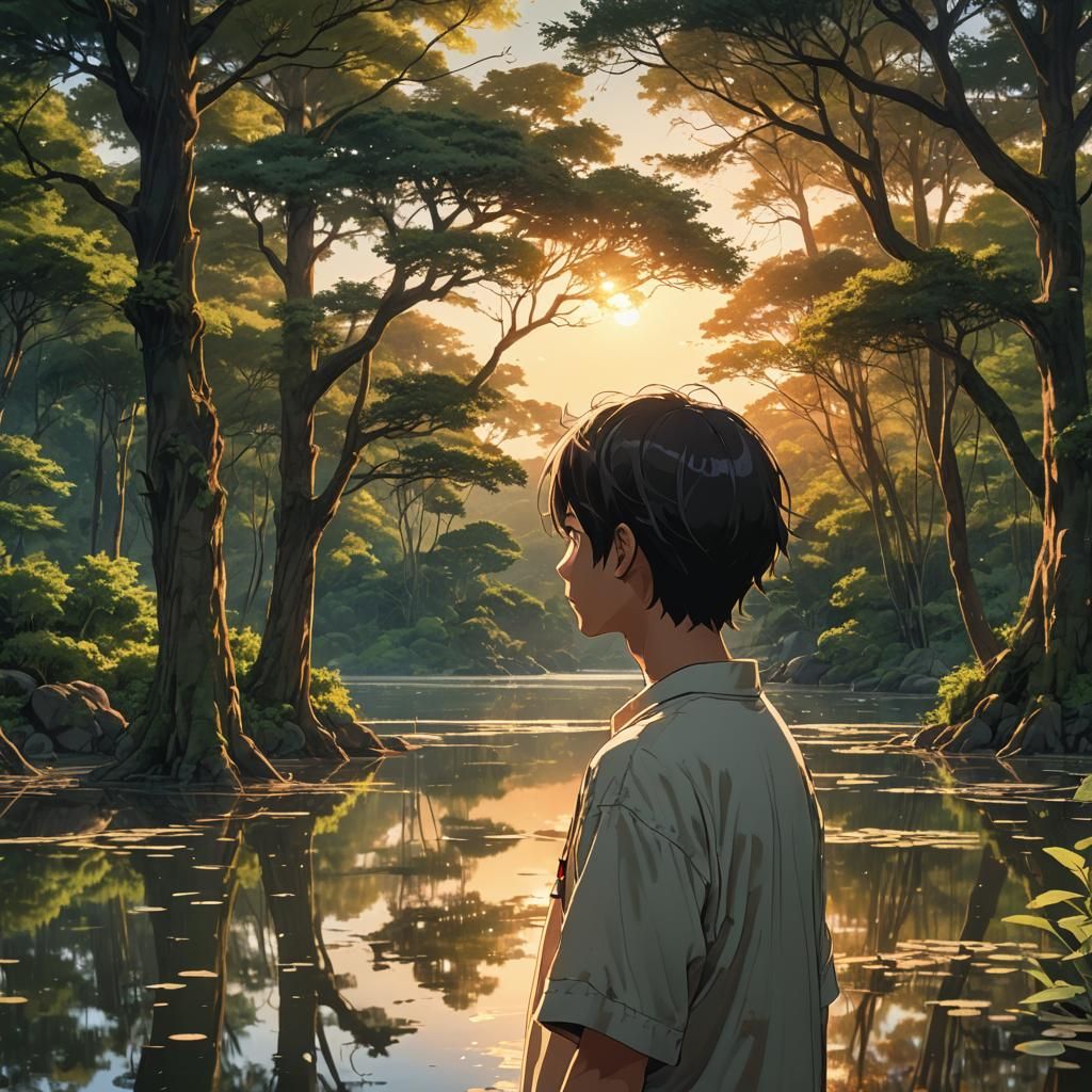 Anime Lake Sunset in Hyper-Realistic Style