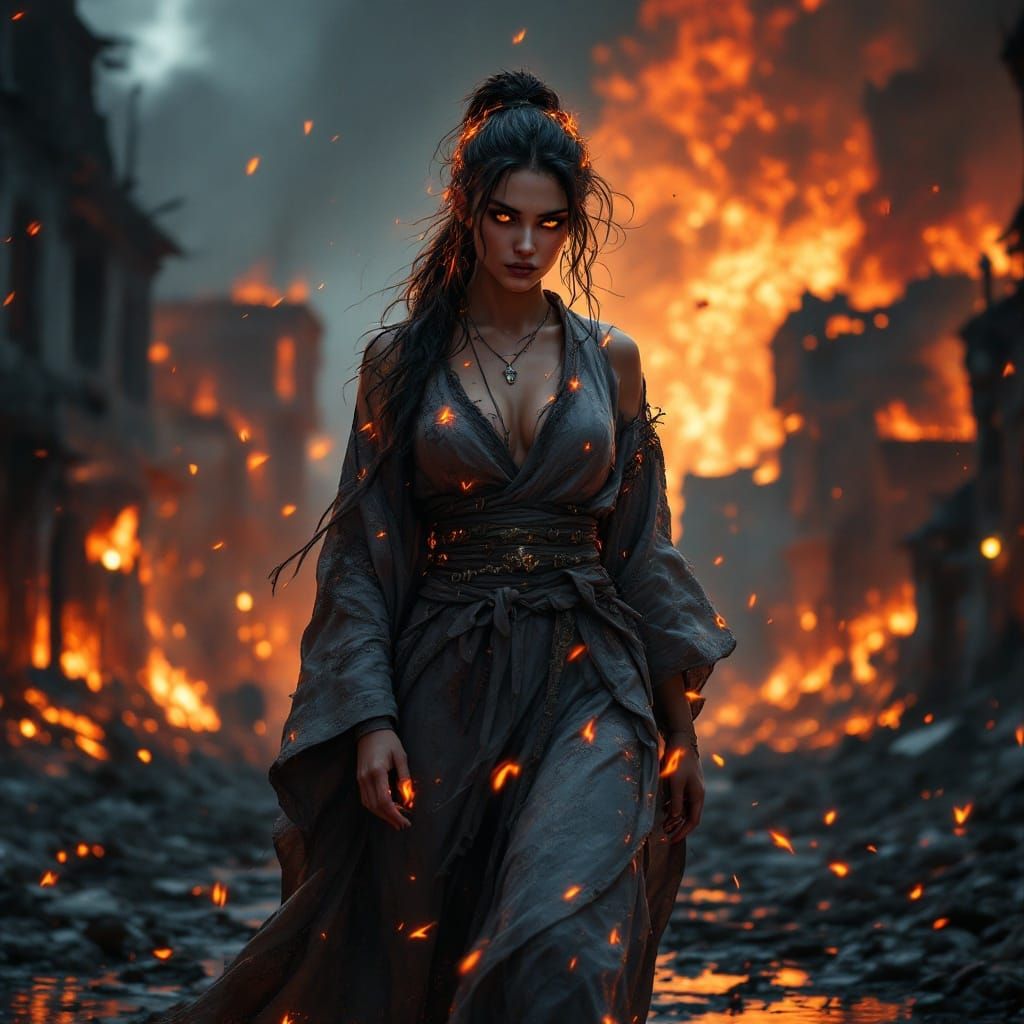 A Stoic Woman Walks Through a Dystopian Wasteland