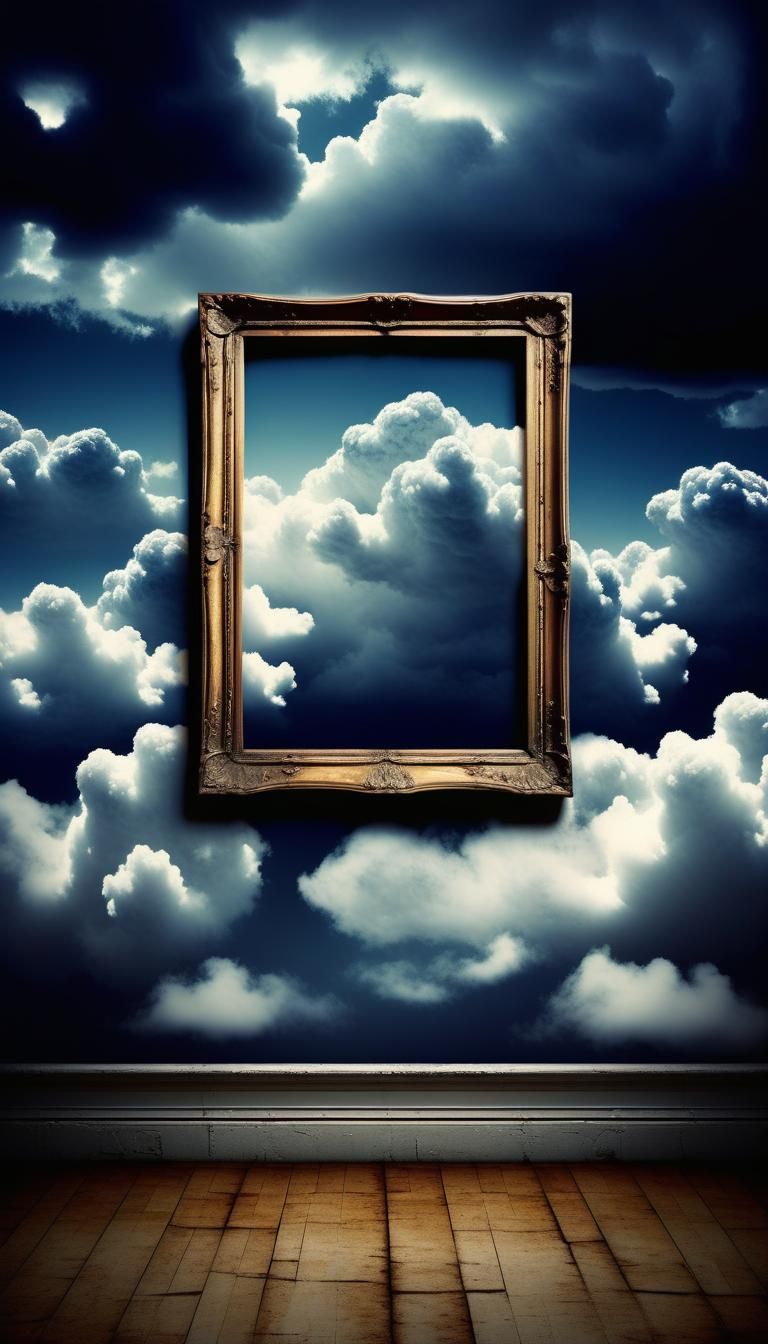 A surreal scene where an old, weathered picture frame hangs ...