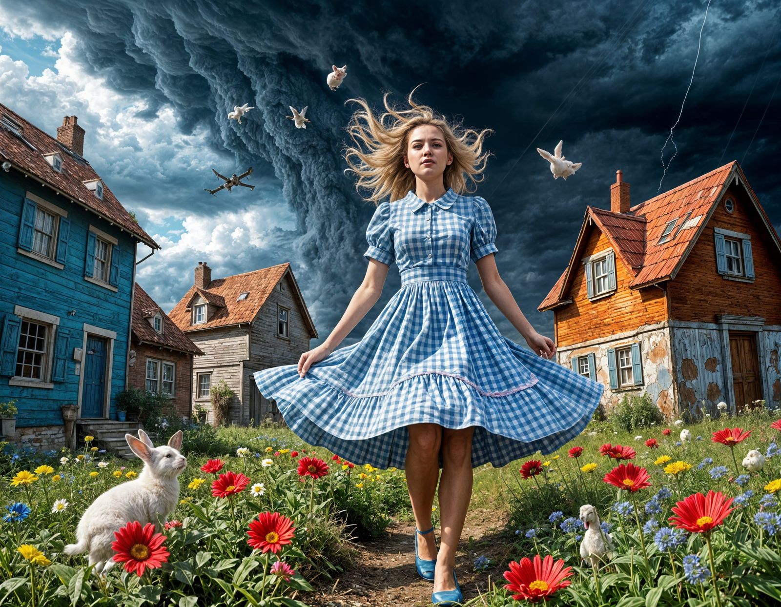 Girl Caught in Tornado in Surreal Quantum Landscape