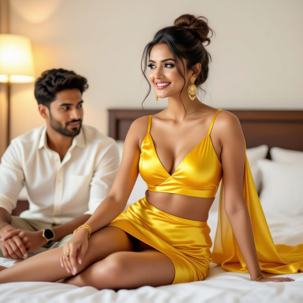 Elegant Indian Woman in Yellow Silky Outfit on Bed