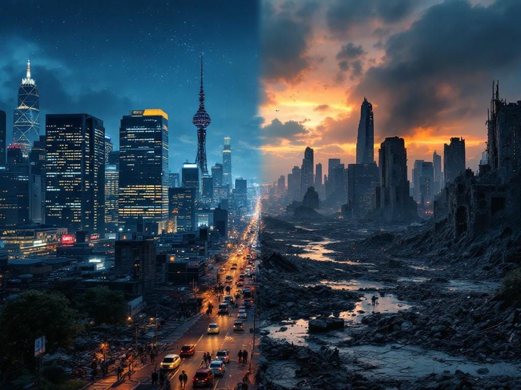 Cityscape Divided: Thriving Metropolis vs. Ruined Landscape