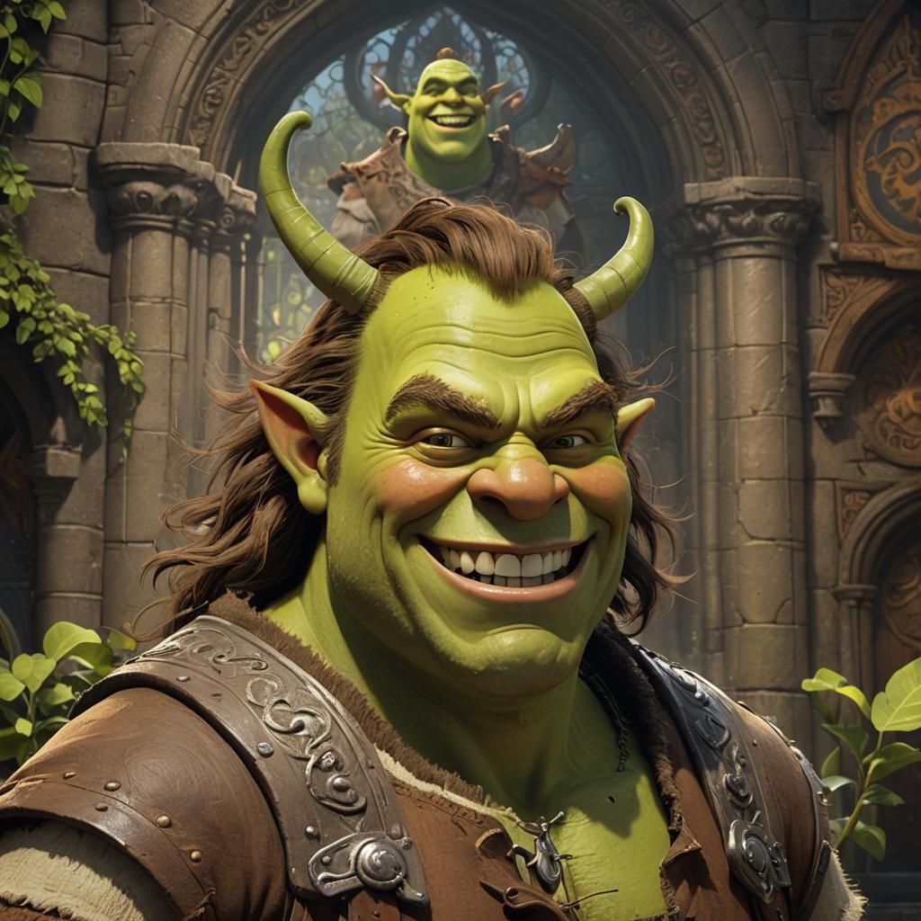 Grinning Shrek Portrait in Dark Fantasy Style