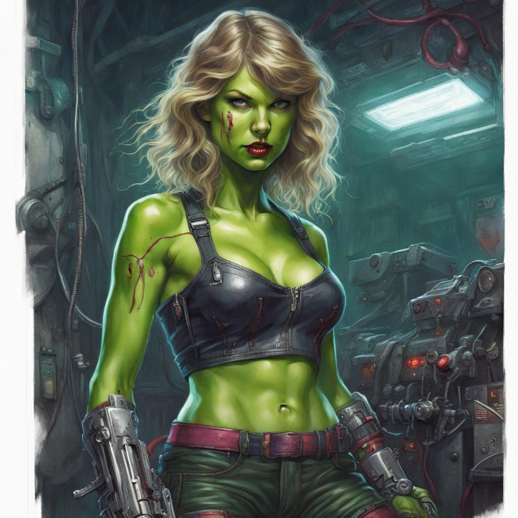Cyberpunk She-Hulk Mechanic in Horror Style