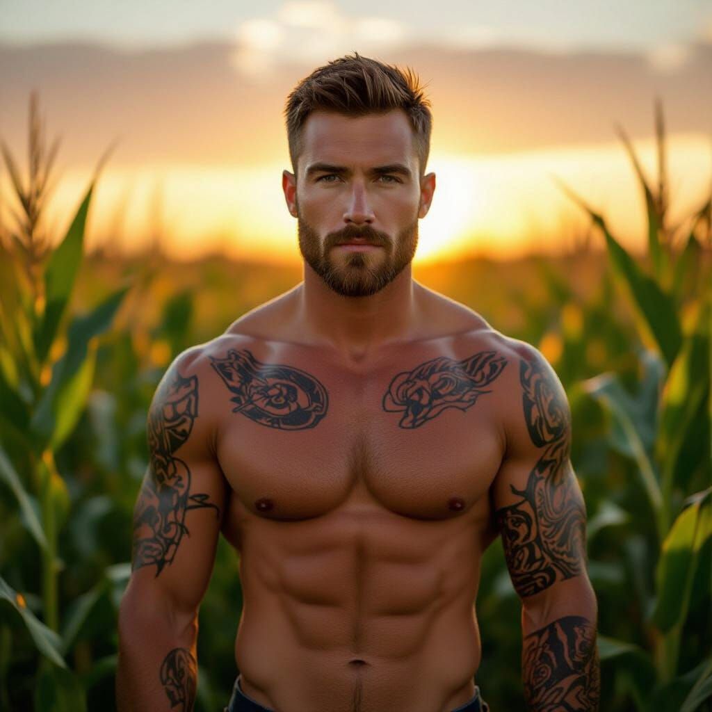 Muscular Redneck in Sunlit Cornfield, Photorealistic Style