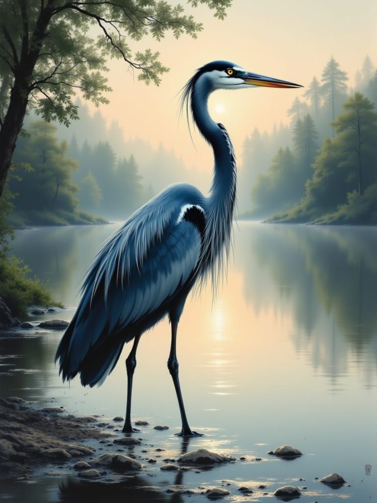 Blue Heron in Lakeside Dusk: Painterly Avian Art