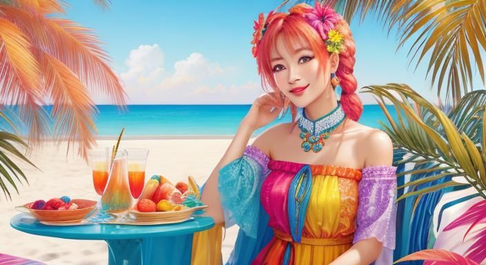 Joyful Summer Festival Beach Scene with Elegant Woman