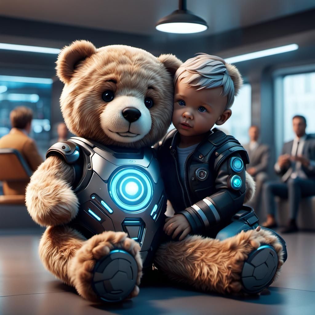 Cyborg Teddy Bear Hugs Toddler: Sci-Fi Comfort
