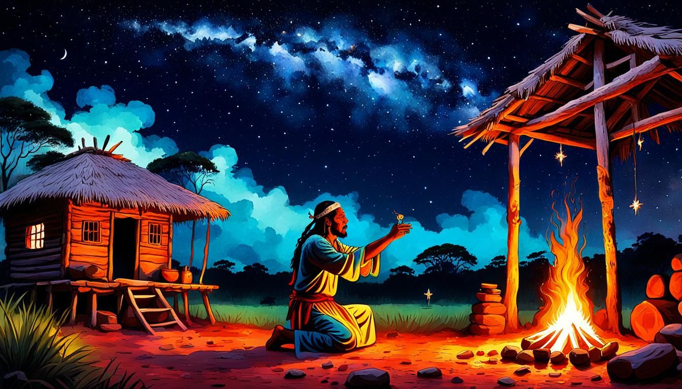 Guarani Shaman Healing Ritual Under Cosmic Night Sky