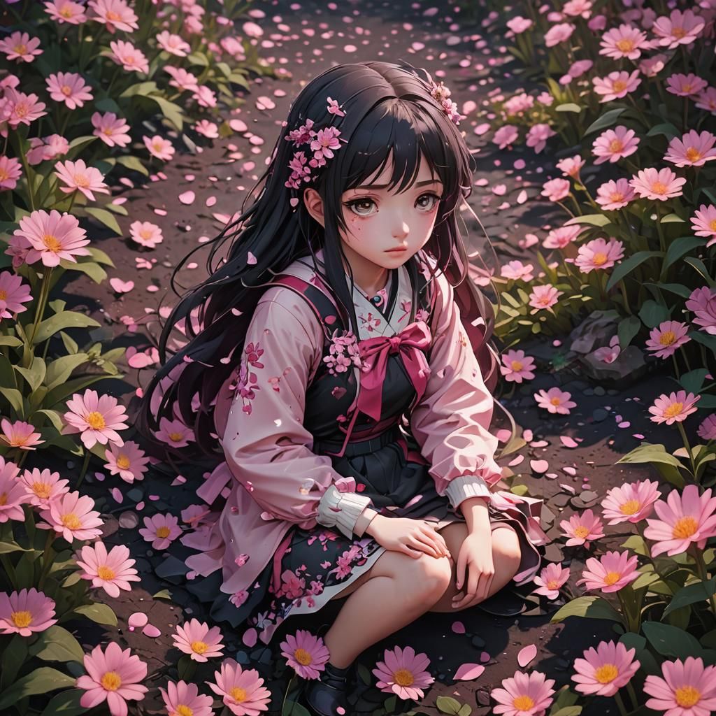 Sad Anime Girl in a Flower Field