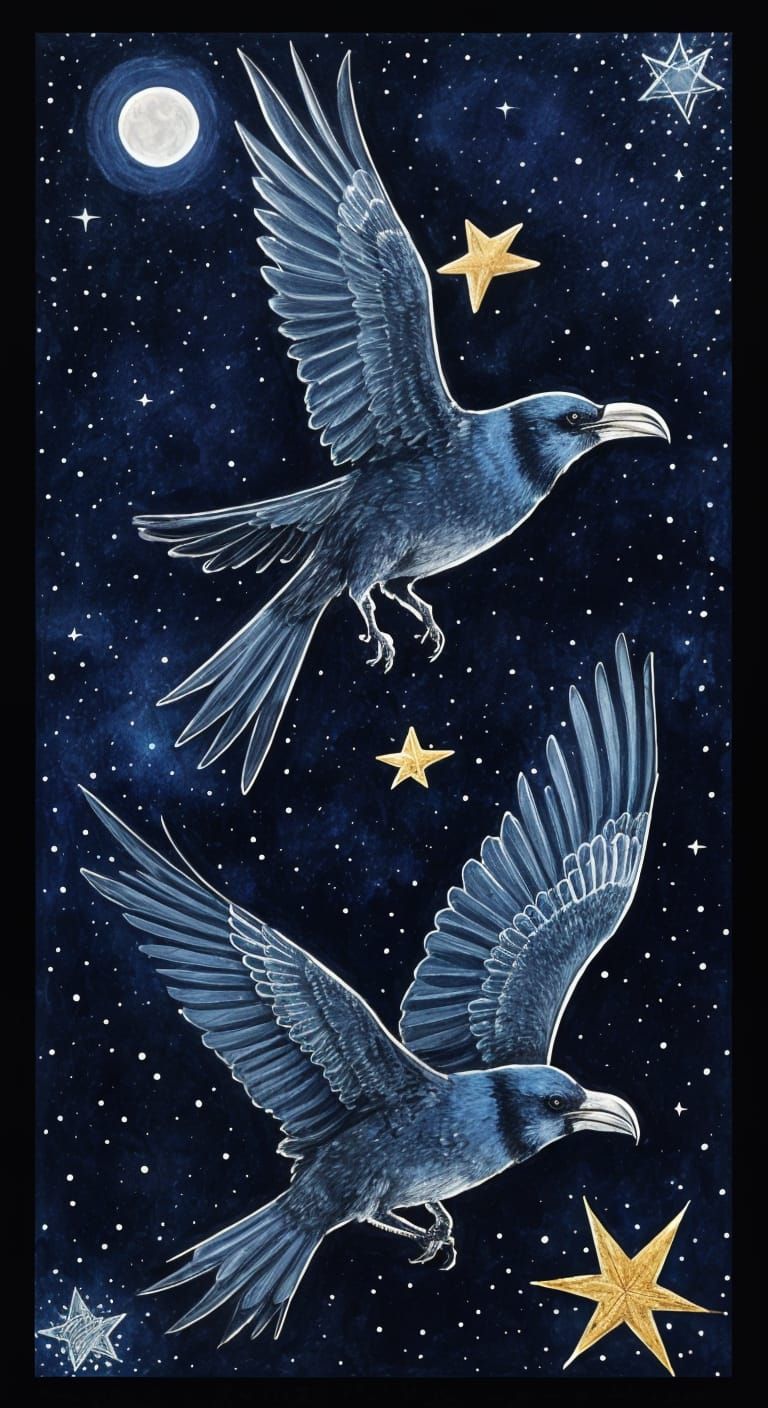 Ravens in Celestial Ink Drawing