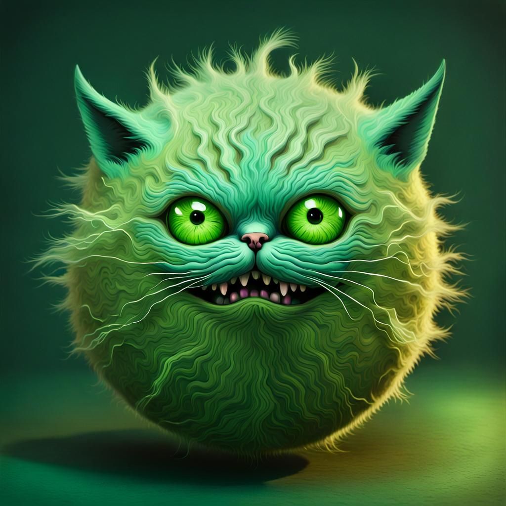 Spherical Green Cat Deity with Laser Eyes