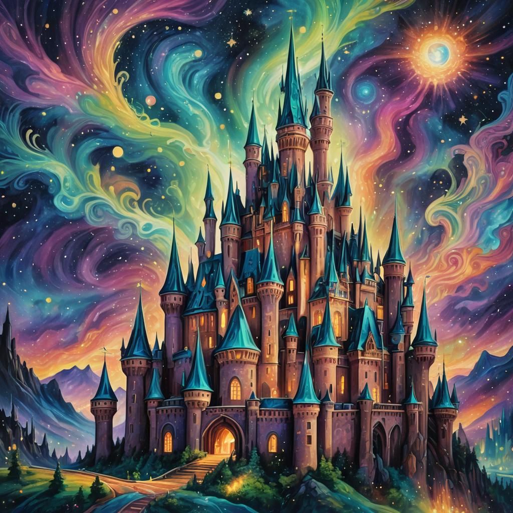Cosmic Castle Dreamscape with Aurora Lights