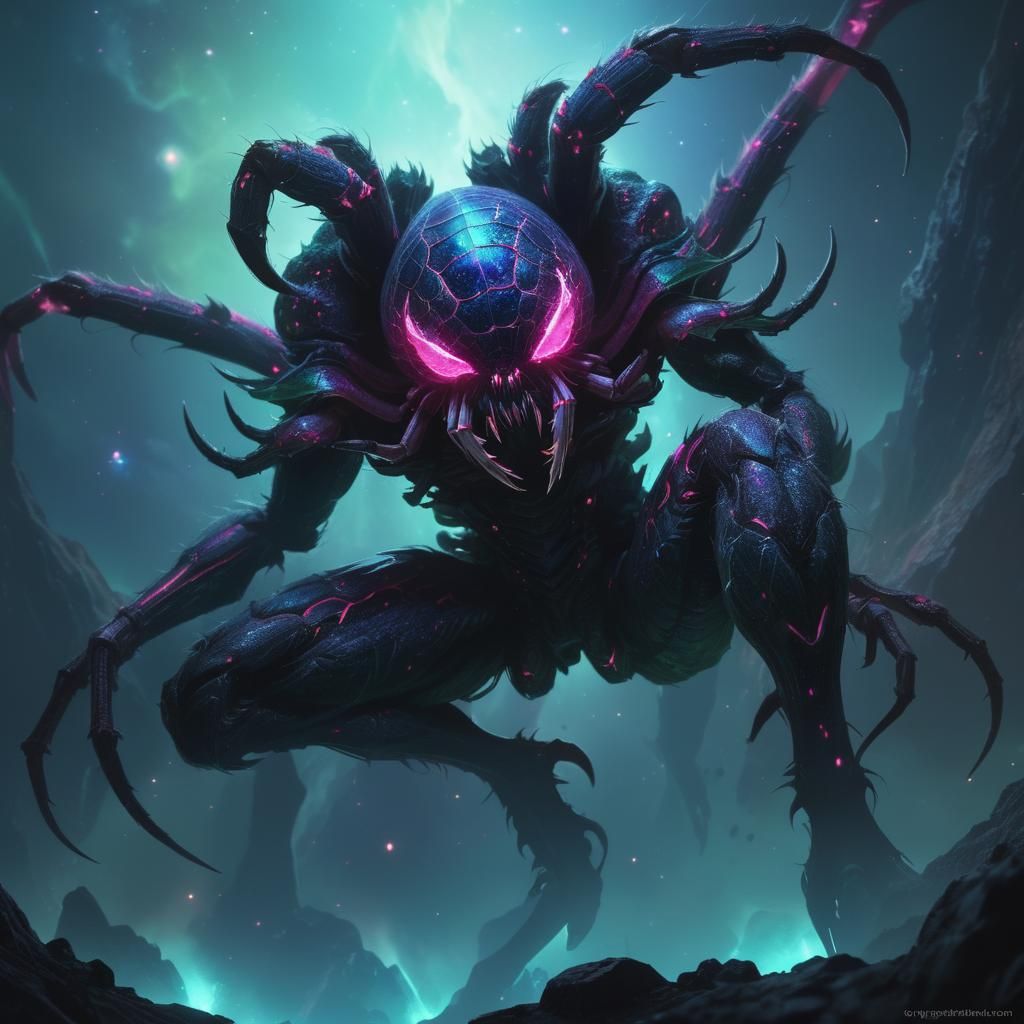 Giant Space Spider Perched on Asteroid