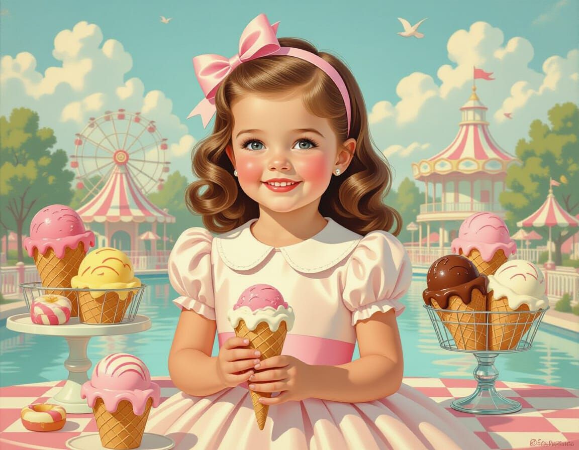 Nostalgic Ice Cream Theme Park Scene with Girl