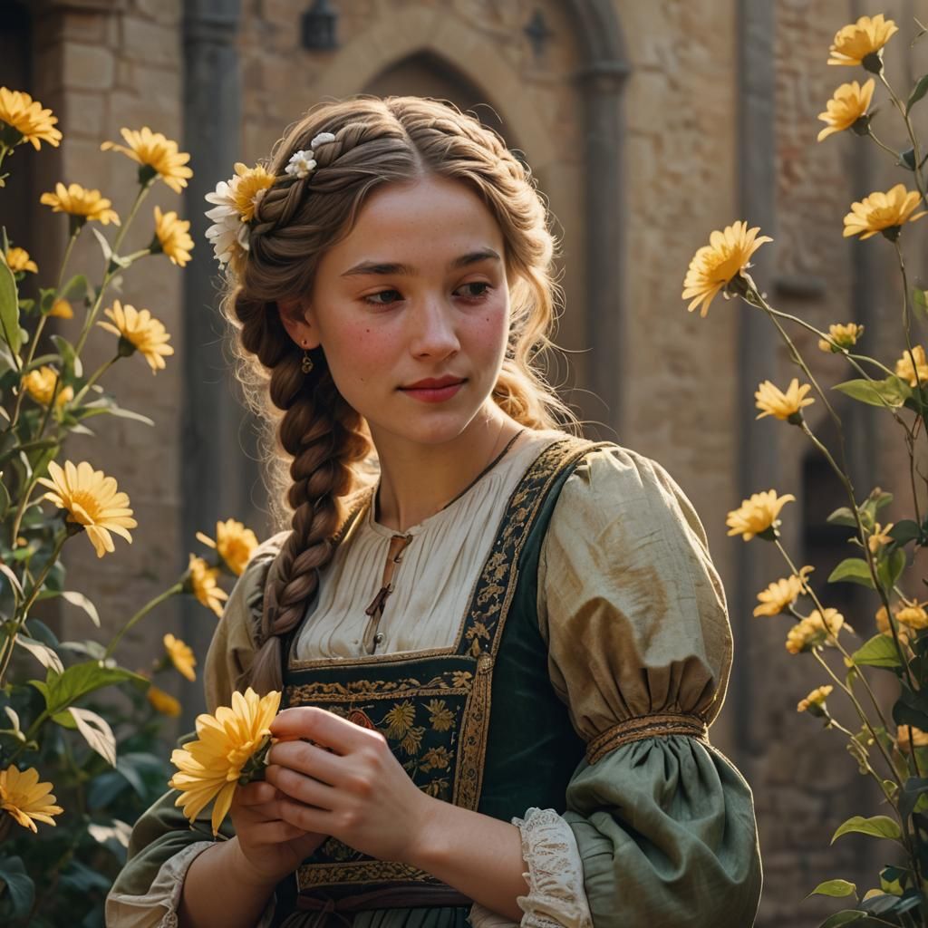 Beautiful Blonde Haired Medieval Girl with Flowers