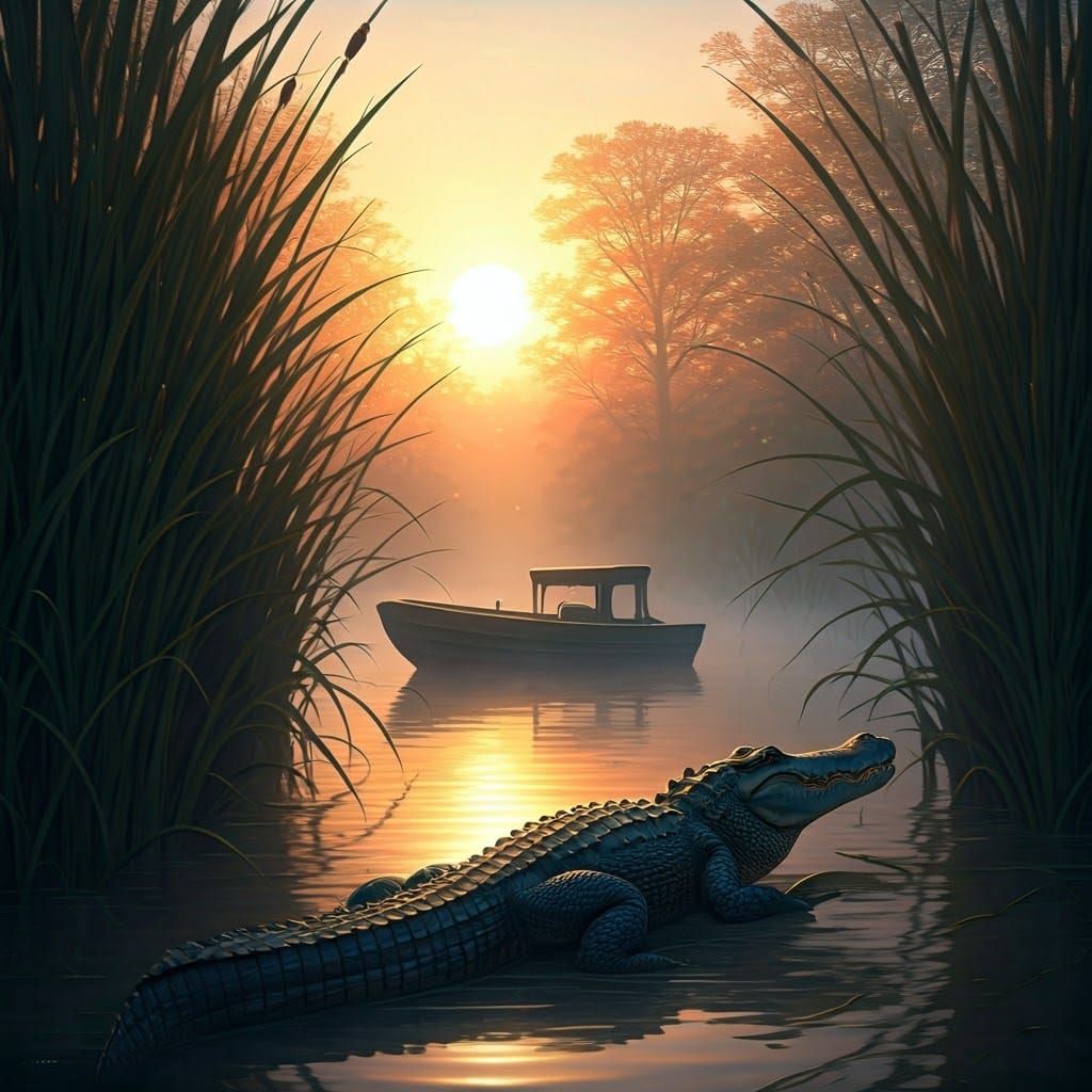 Sunlit Marsh Reeds and a Majestic Alligator