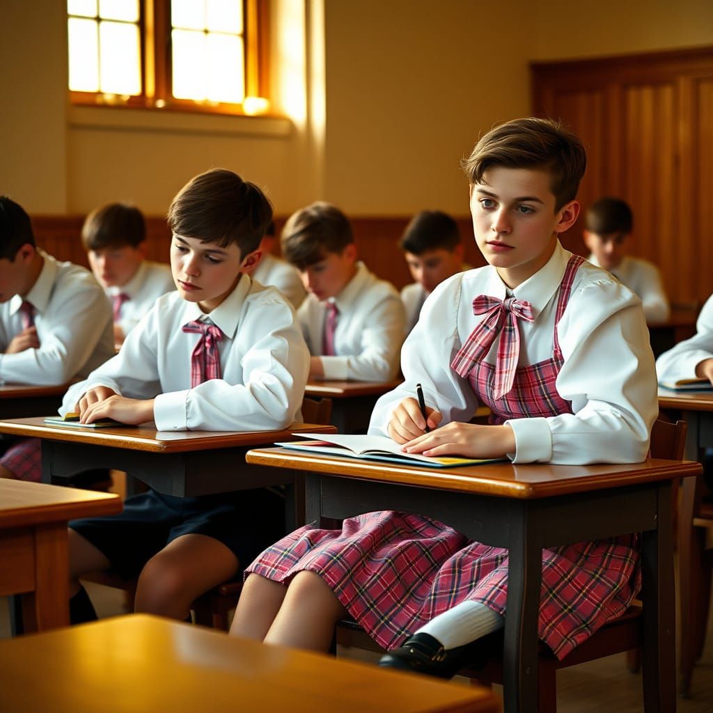 Vintage-Inspired Crossdressers in School Uniform, Study in a...