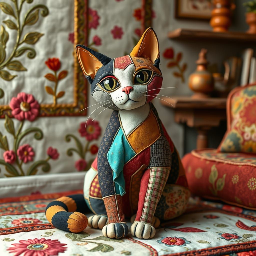 Vibrant Patchwork Cat in Eclectic Style