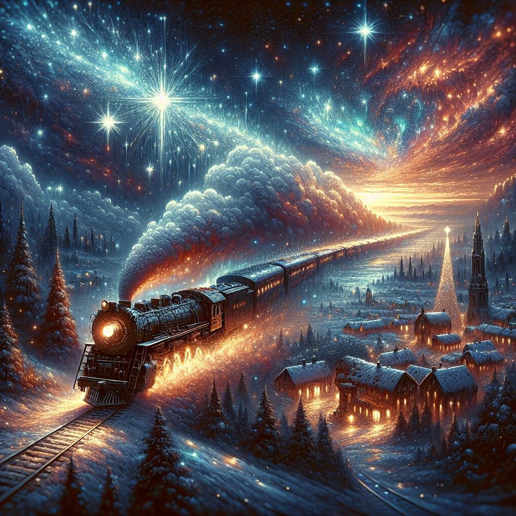 Train Soaring Through Starry Night Sky