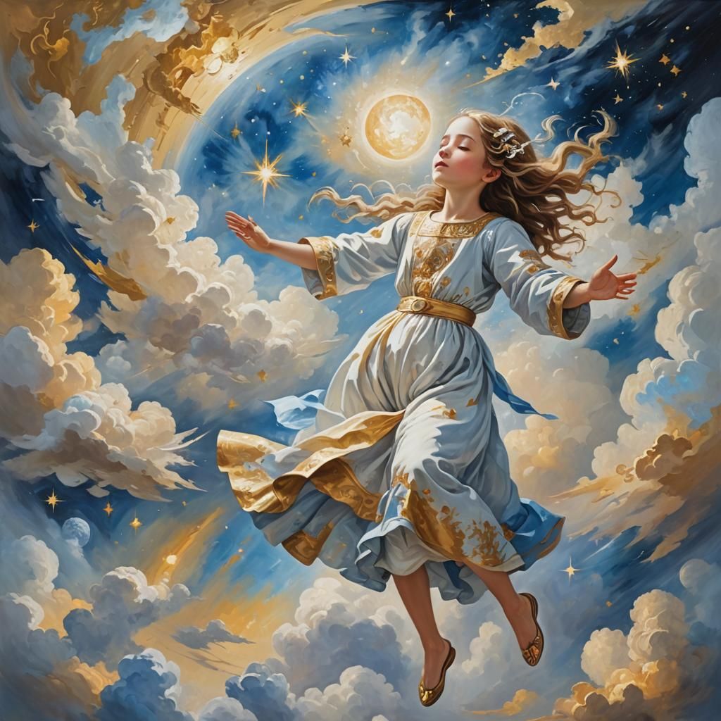 Celestial Girl Creates Worlds: Classical Oil Painting