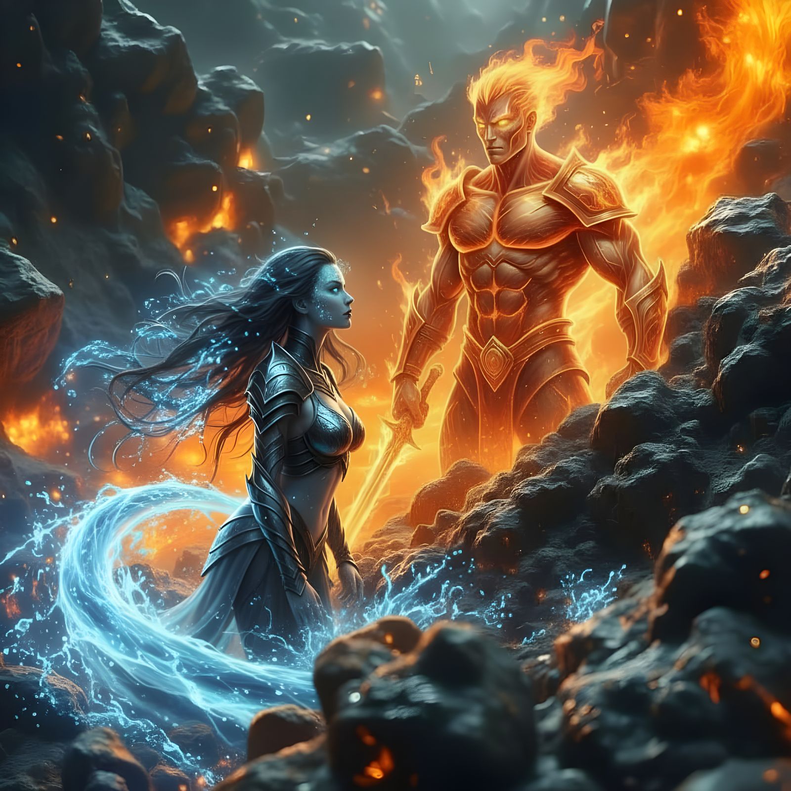 Elemental Spirits Clash: Fire and Water
