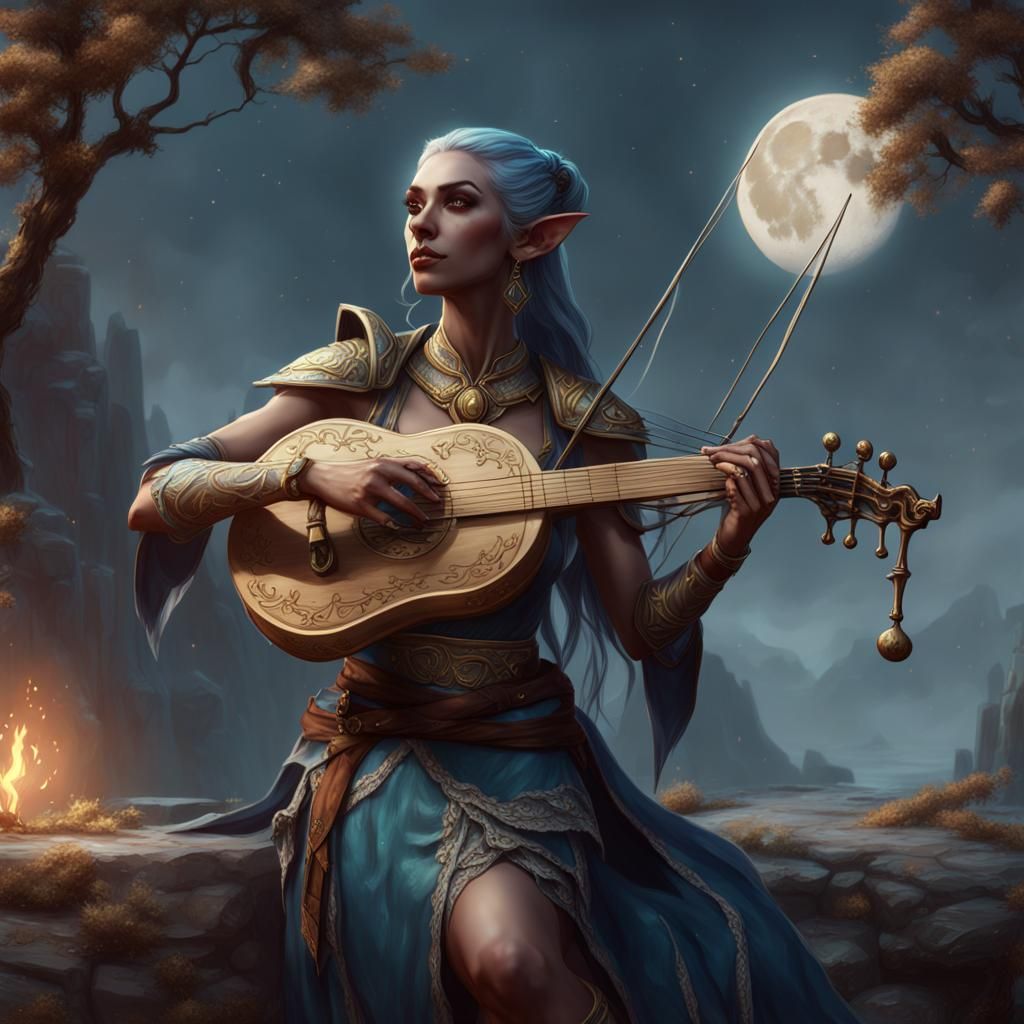 Female Moon Elf Bard with Lyre, Fantasy Art