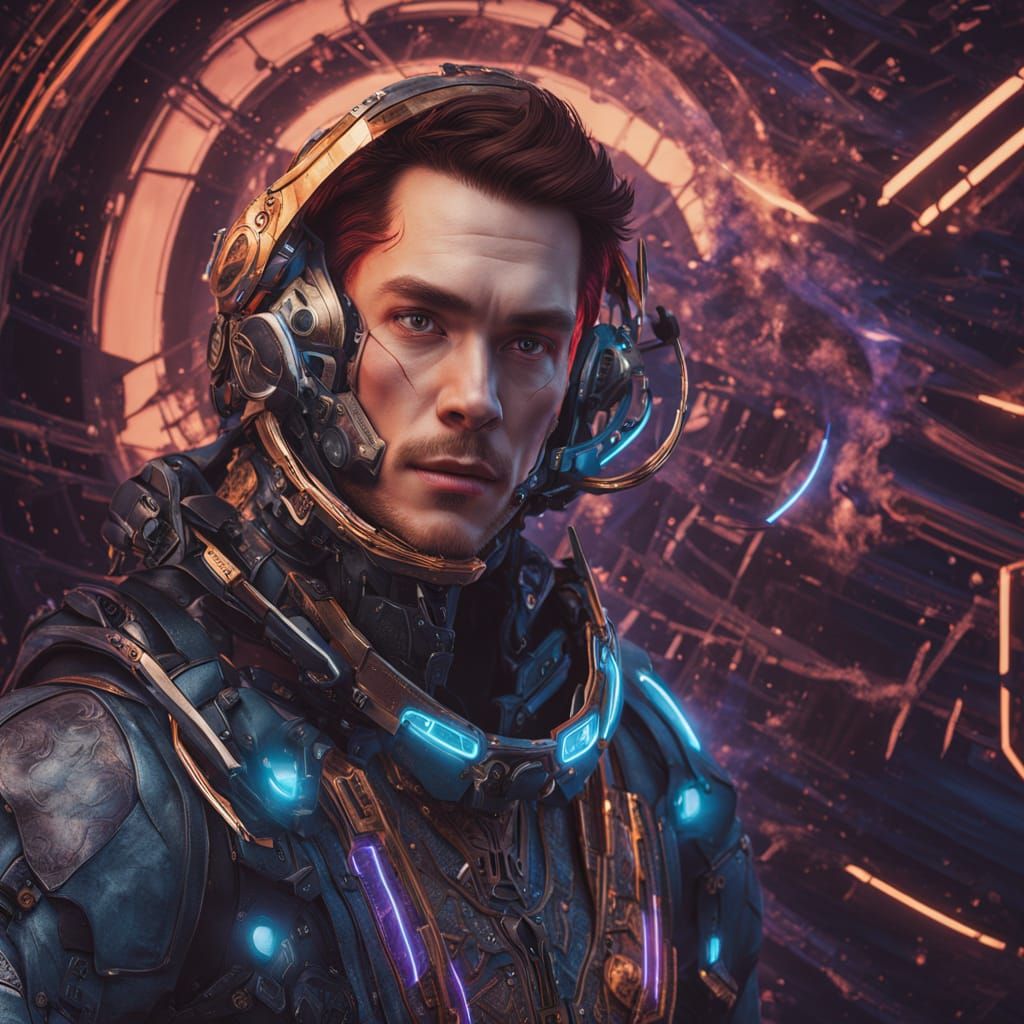 Surreal Cyborg Vampire in Space with Neon Lines