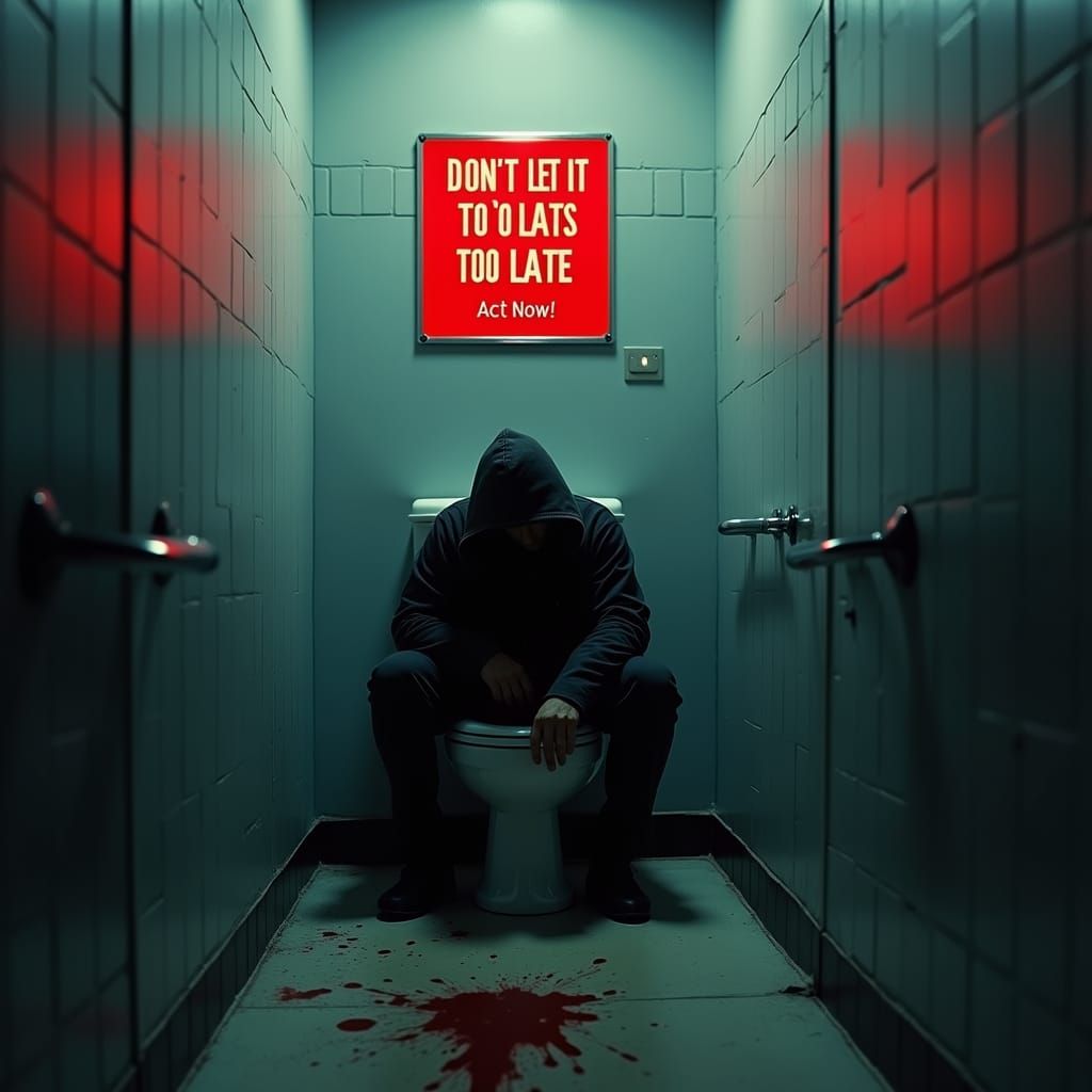 Dramatic Bathroom Scene with Warning Sign, in Cinematic Styl...