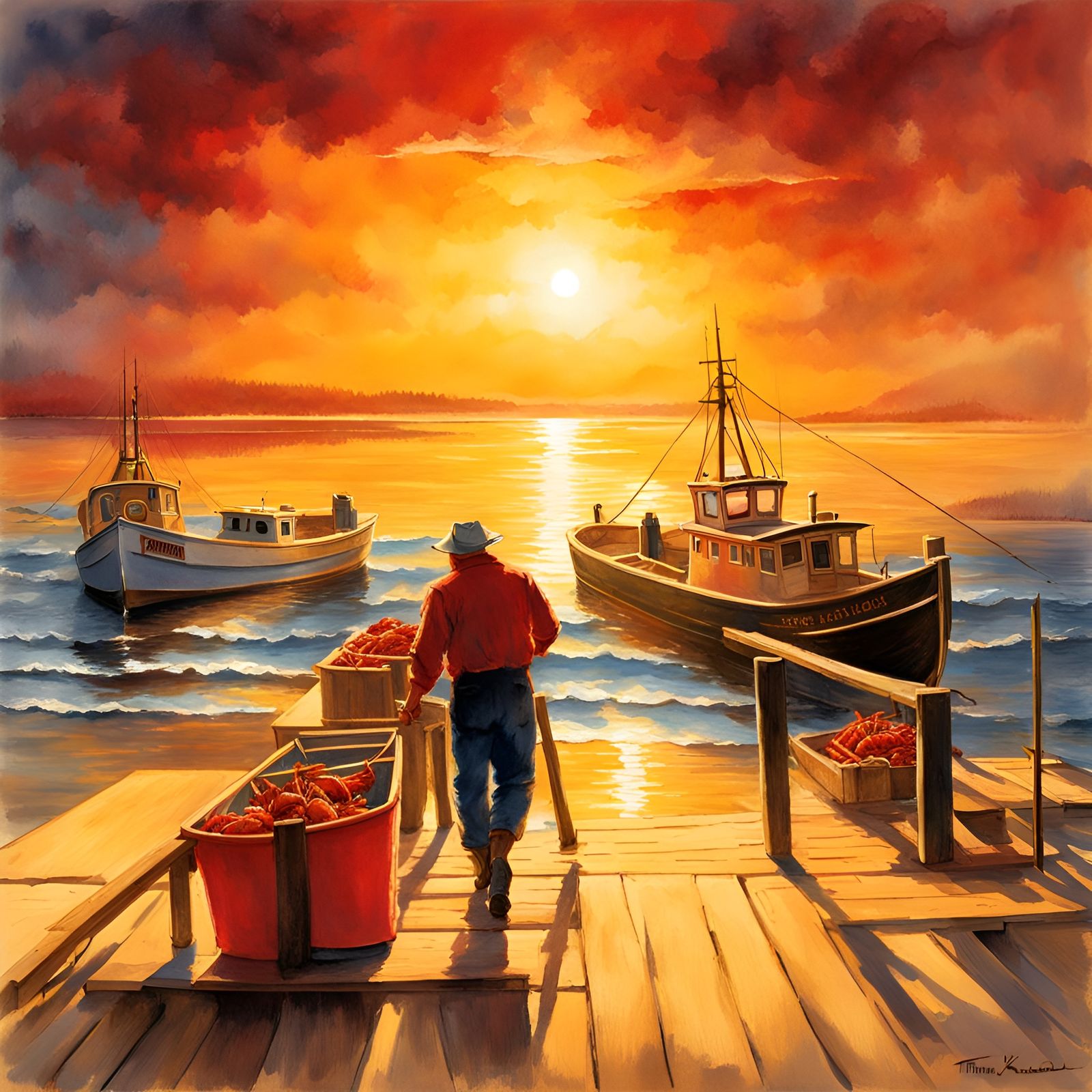 Lobster Boats Unloading in Golden Light