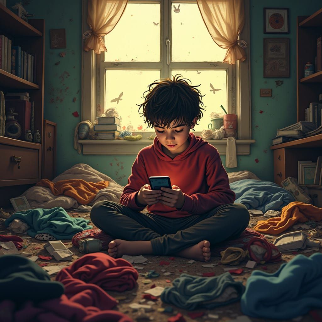 Boy Lost in Smartphone World, Surrounded by Chaos and Clutte...