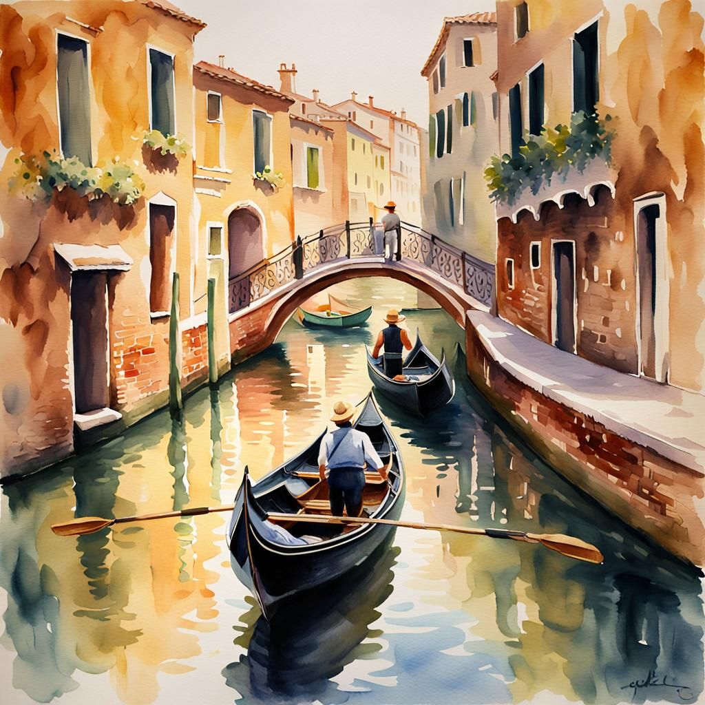 Serene Gondola Ride: Impressionist Watercolor Painting