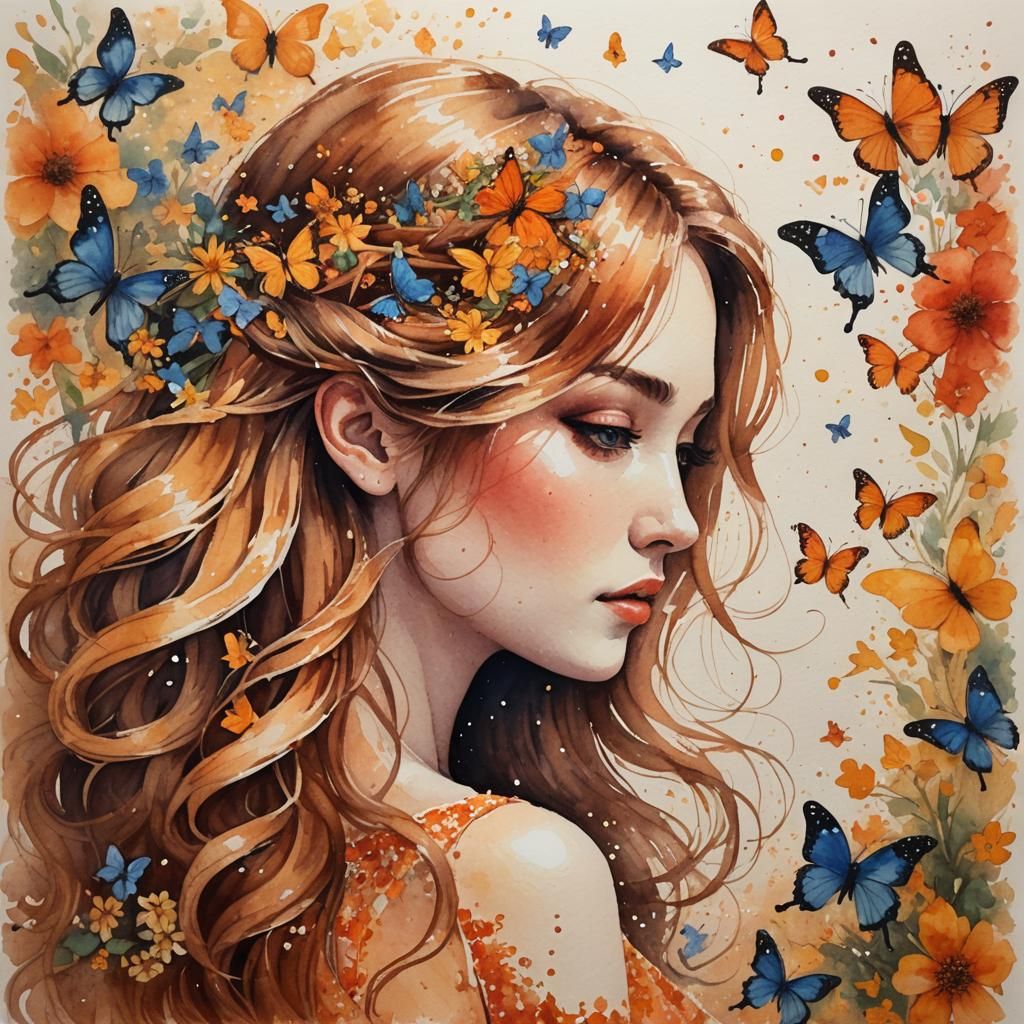 Girl with Flowers and Butterflies in Pointillism Style