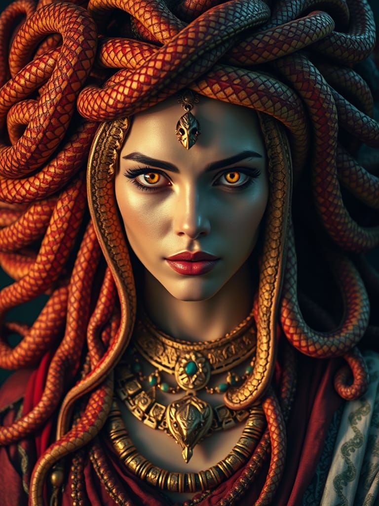 Mythological Priestess with Snake Hair and Prismatic Eyes